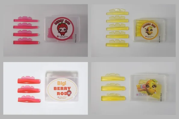 Mestay Berry Rod (C curl, pink) and Mango Rod (LC curl, yellow) in basic and big sizes with their boxes