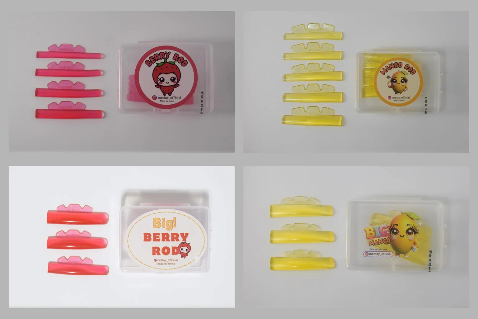 Mestay Berry Rod (C curl, pink) and Mango Rod (LC curl, yellow) in basic and big sizes with their boxes