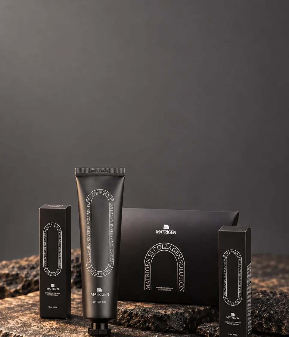 Matrigen collagen mask and gift set on dark stone