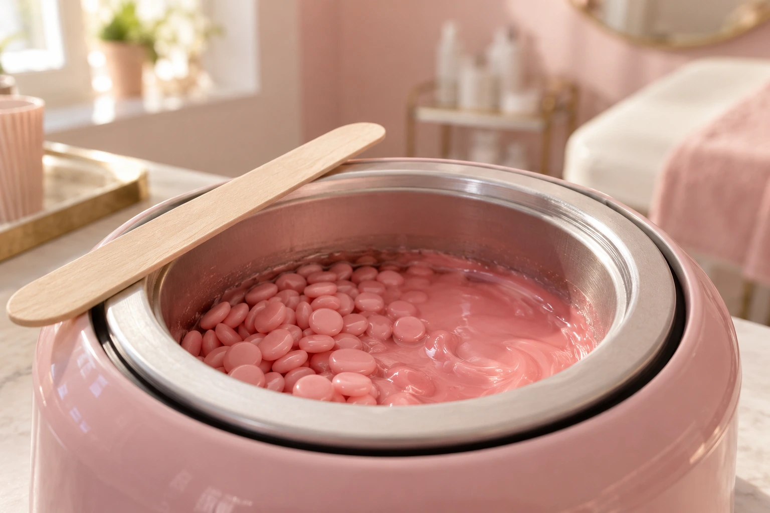 Cire dure rose en train de fondre dans un petit chauffe-cire professionnel avec une spatule en bois, dans un studio de sourcils
