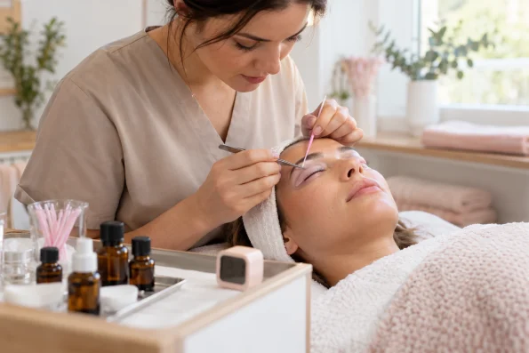 Lash-Artist führt in einem hellen Studio bei einer Kundin ein Wimpernlifting mit Cysteamin durch