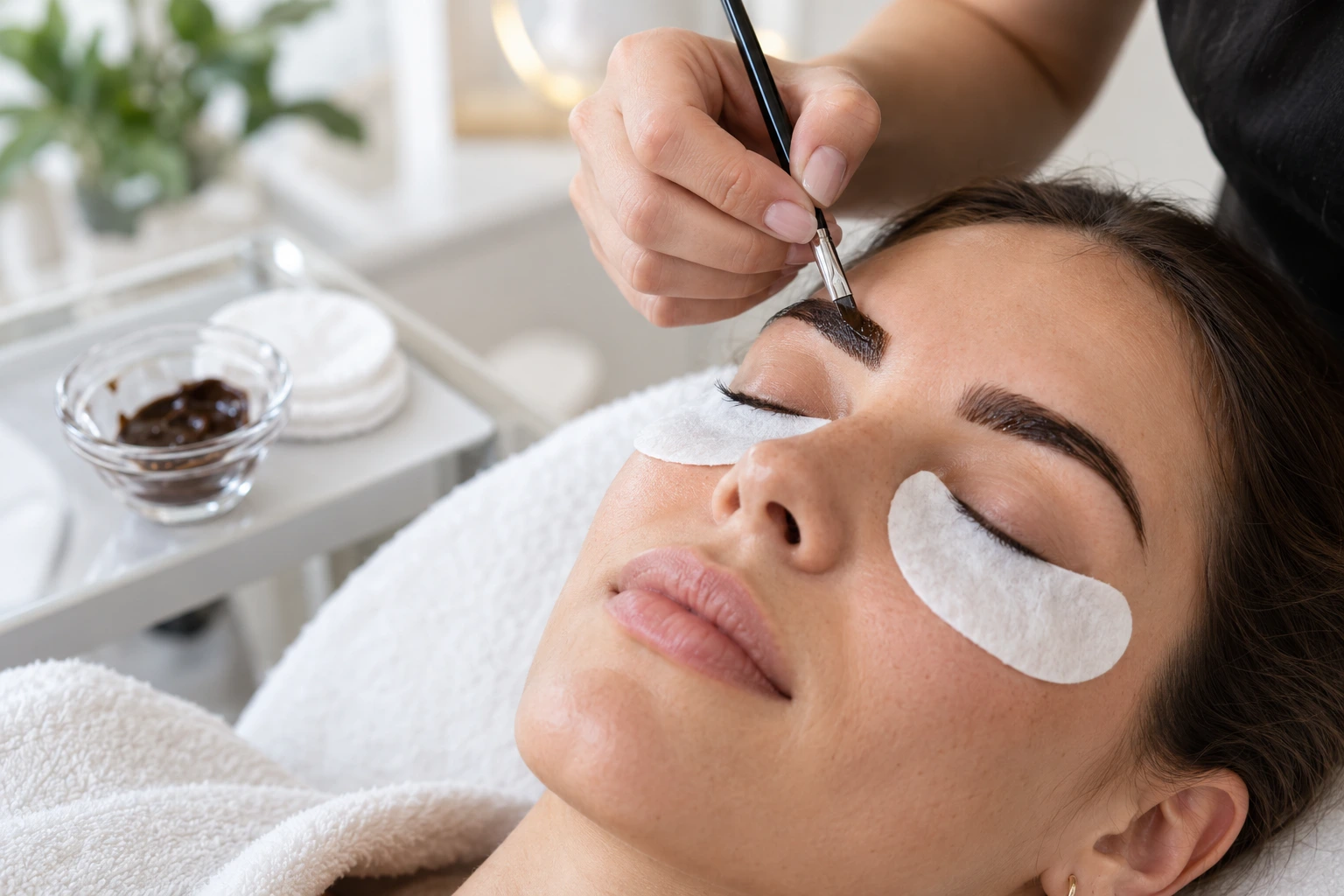 Brow artist appliquant une teinture brun foncé sur les sourcils d'une cliente avec un fin pinceau biseauté