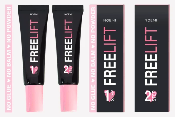 Glue-free lash lift lotion tubes with silicone lifting pads, brush and comb on marble