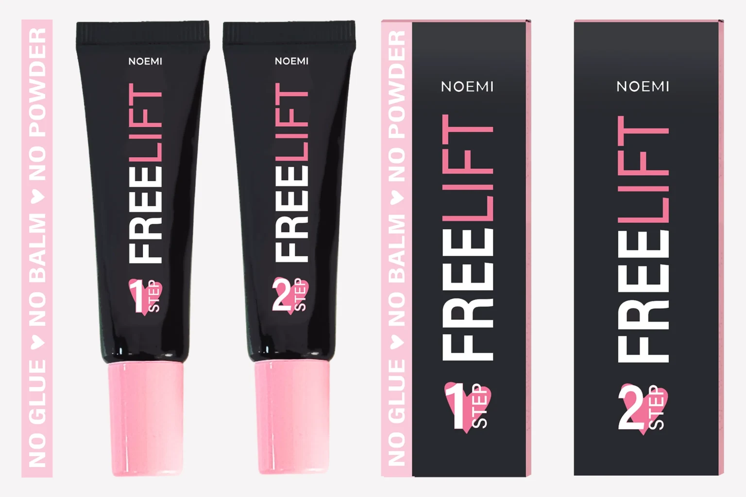 Glue-free lash lift lotion tubes with silicone lifting pads, brush and comb on marble